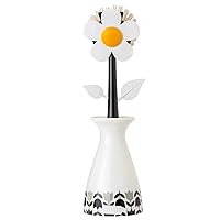 Flower Power Nylon Dish Brush with White Vase Holder, Daisy-Shaped Dish Brush and Holder, Cleaning Handle Brush with Scraper, Black and White
