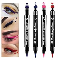 Eyelid Color Set, 4pcs Liquid Eye Liner with Stars, Flowers, Hearts & Moon Face Stamps, Purple, Blue, Red, Pink - Waterproof, Long Lasting, Matte Finish, Not Tested on Animals