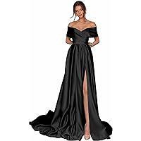 Off Shoulder Prom Dresses with Slit Long Satin Evening Gowns for Women A-line Formal Party with Pockets