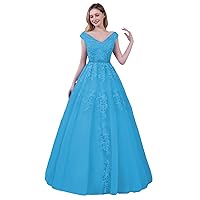 FANGHEIA V-Neck Lace Applique Prom Long Ball Gown A-line Cap Sleeve Formal Evening Dress for Women
