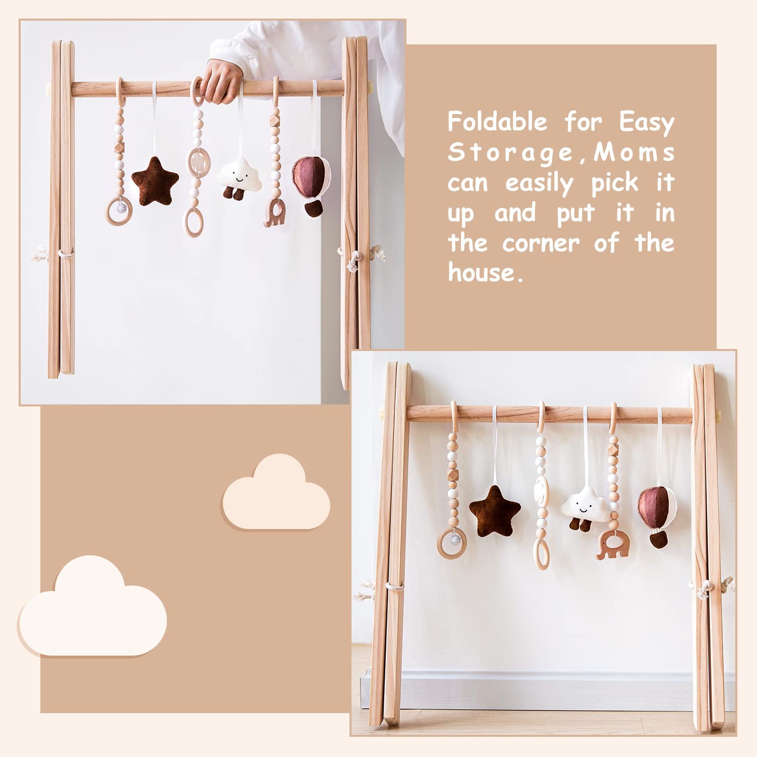 Wooden Baby Play Gym with Mat, Foldable Baby Play Gym Frame Activity Gym Hanging Bar with 5 Gym Baby Toys Rainbow Playmats Gift for Newborn Baby (Natural)