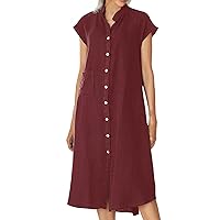GRASWE Women's Stand Collar Cotton and Linen Shirt Dress Casual Solid Color Short Sleeve Button Dress with Pocket