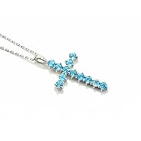 Natural Swiss Blue Topaz 3 MM Round Gemstone Holy Cross Pendant Necklace 925 Sterling Silver December Birthstone Blue Topaz Jewelry Birthday Necklace Gift For Wife (PD-8477)