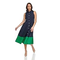 Tommy Hilfiger Women's Cotton Sateen Fabric Sleeveless Midi Shirt Dress, Sky Captain/Jolly Green
