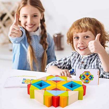 YLTTZH 48 Pcs/Set Large Wooden Blocks Toys for Toddlers Babies Age 3-8,Toddlers Wood Blocks Toys for Babies,Wooden Rainbow Stacking Blocks,Wood Building Blocks Set,Shape Puzzles,Pattern Blocks