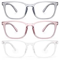 3-Pack Blue Light Blocking Glasses for Women Men, Fashion Square Fake Nerd Eyeglasses Frame Anti UV Ray Computer Gaming Glasses (Matte(Transparent+Grey Pink+Grey Blue)