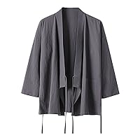 Men's Kimono Cardigan Japanese Jackets Beach Shirt Casual 3/4 Sleeve Cotton Shirt Open Front Coat Lightweight Linen Yukata