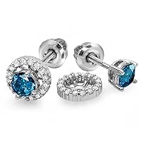 1.10 Carat (ctw) 18K White Gold Round Blue & White Diamond Halo Stud Earrings With Removable Jackets