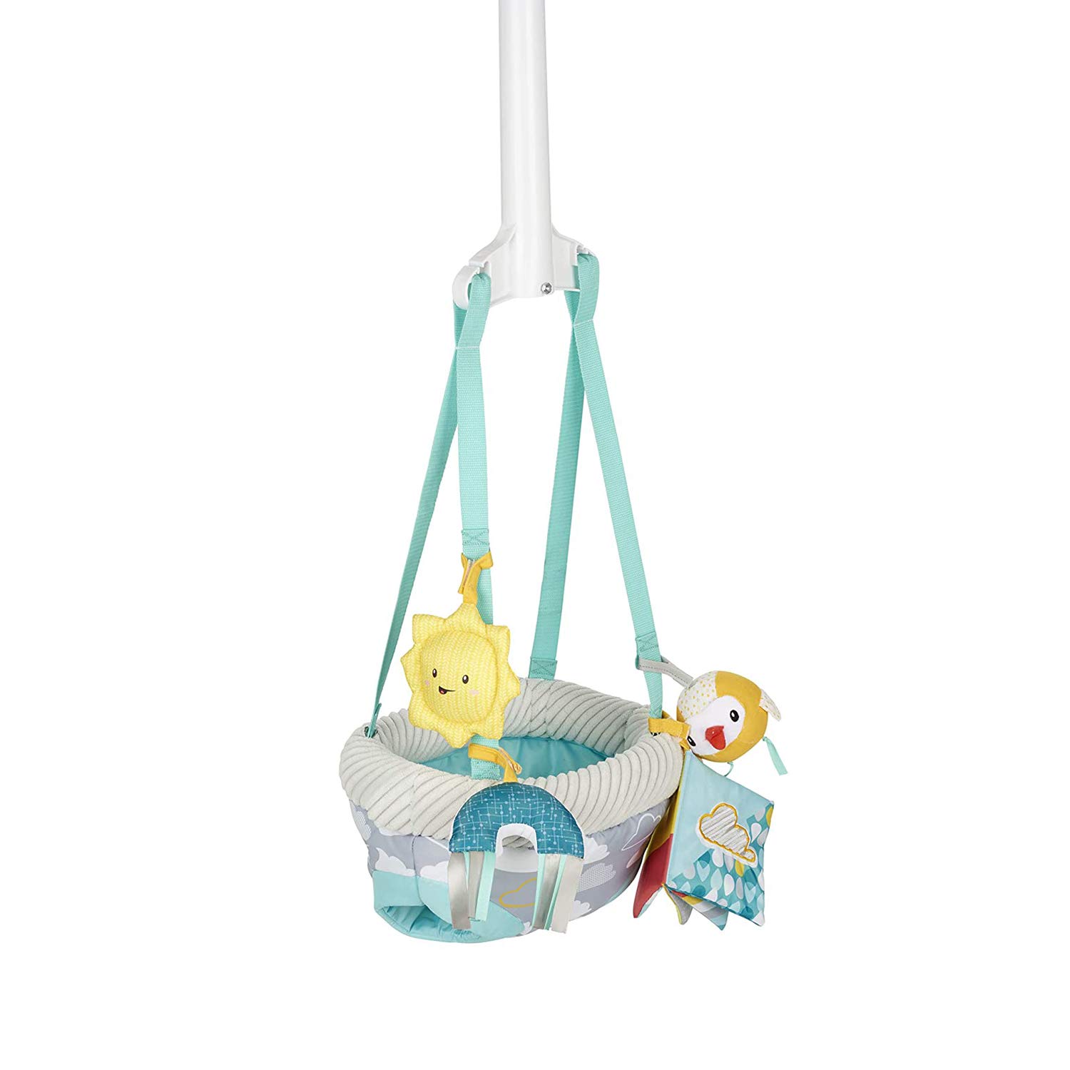 Evenflo Exersaucer Baby Hanging Clampable Doorway Jumper with 4 Removable Toys, Peek a Boo Flip -Book, and Mirror, Sweet Skies