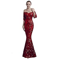 Women's Sequins Embroider Off Shoulder Pagoda Mermaid Court Prom Dress