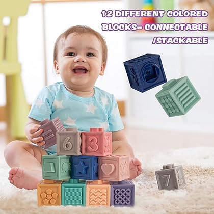 Springflower 3 in 1 Montessori Toys for Babies 0-3-6-12 Months, Soft Baby Teething Toys, Stacking Building Blocks for Infants, Sensory Developmental Education Toys for Toddler Baby 12-18 Months,23 PCS