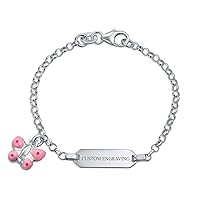 Personalized Dainty ID Tag Bracelet Engravable Butterfly Charm Dangle .925 Sterling Silver Pink For Small Wrists 5 Inch