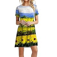 Beach Dresses for Women Casual Summer, Crewneck Classic 3/4 Sleeve Sundress Pleated High Waist Floral Maxi Dress