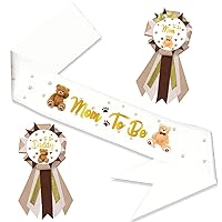 Teddy Bears Baby Shower Sash for Baby Shower, Mom to be Sash Brown Teddy Bear Theme Neutral Mom to Be & Daddy to Be Corsage Include Gold Glitter Letters Sash