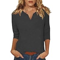 Women 3/4 Sleeve Tops and Blouses Tshirts Shirts for Women 3/4 Sleeve V Neck Cute Shirts Casual Print Trendy Tops Three Guarter Length T Shirt Summer Pullover 06-Gray Small