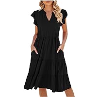 Bargain Finds Prime Clearance Today Women V Neck Summer Dresses Classy A-Line Ruffle Sundress Cap Sleeve Casual Midi Dress 2024 Vacation Sundresses Cruise Wear for Women 2024 Black