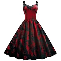 Women Halloween 1950s Vintage Dresses Blood Stains Print Swing Party Cocktail Dress Bow Belted Cami Hepburn Tea Dress