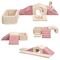 Soft Play Climb and Crawl Activity Playset,Foam Climbing Building Blocks for Toddlers with Ball Pit - Baby Crawling & Sliding Gym Equipment Indoor Active Playing for Preschool,6 Pcs (beige-pink)