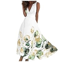 Dresses for Women 2024 Wrap V Neck Flowy Ruched Maxi Dress Sleeveless Floral Printed Beach Dresses Boho Sundresses