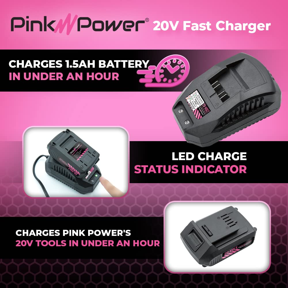 Pink Power PP205 20V Lithium Ion Charger for PP202 Battery - Works with PP203 Pink Drill Kit, PP201 Cordless Stick Vacuum Cleaner and PP204 Cordless Electric Detail Sander
