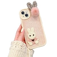 Guppy Cute Rabbit Fuzzy Plush Embroidery Phone Case, Compatible for iPhone 14 Plus Kawaii Plush Embroidered Cute Rabbit Fur Ball Girly Pink Bunny Shockproof Bumper Case for iPhone 14 Plus 6.7inch