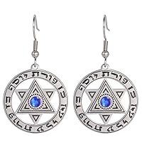 Star Of David Earrings For Women Girls Stainless Steel Hebrew Inscription Hexagram Blue Diamond Round Drop Dangle Earrings Megan Star Jewish Jewelry