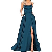 Women's Satin Prom Dresses Long Ball Gown with Slit Backless Spaghetti Straps Halter Formal Evening Party Dress