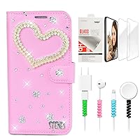 STENES Bling Wallet Luxury Phone Case Compatible with Samsung Galaxy S24 Plus 5G - Stylish - 3D Handmade Pearl Heart Design Leather Cover with Screen Protector & Cable Protector - Pink