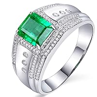 1.5 Carat Natural Emerald and Diamond in 14K White Gold Engagement Ring for Men