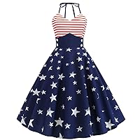 Women's Patriotic American Flag Sleeveless Swing Dress Summer Independence Day Vintage Dress July 4th Theme Sundress