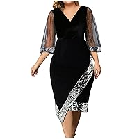 Women Sequin Mesh See Through 3/4 Sleeve Pencil Evening Dress Plus Size Wrap Glitter Velvet Patchwork Cocktail Gowns Black