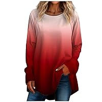 Women's Y2K Tops Casual Plus Sizelong Sleeved Round Neck Gradient Printing T-Shirt Top Pullover Tops, S-3XL