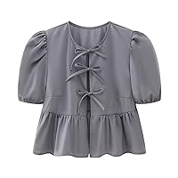 Cute Babydoll Shirts Women Lace-Up Tie Front Crop Tops Summmer Puff Sleeve Y2K Ruffle Hem Casual Fitted Solid Blouse