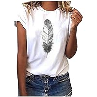 ZunFeo Womens Summer Tops 2023 Short Sleeve Crewneck Feather Print Tee Shirt Loose Fit Cute Tunic Blouses Trendy Fashion