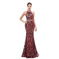 Women's Sequins Halter Mermaid Prom Dress Long Backless Evening Gown