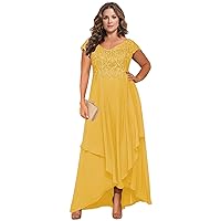 Mother of The Bride Dresses for Wedding V Neck Capped Sleeve Lace Bodice Chiffon Skirt Tea Length Formal Gown