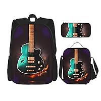 Music Green Guitar Print 3 In 1 Set With Lunch Box Pencil Bag Casual Backpack Set For Gym Beach Travel