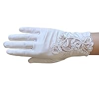 Girl's Satin Gloves with Floral Embroidery Lace & Pearls