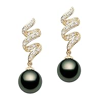 14k Yellow Gold AAAA Quality Black Tahitian Cultured Pearl Diamond Dangle Earrings for Women - PremiumPearl