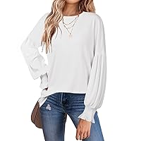 MEROKEETY Women's 2024 Causal Long Balloon Sleeve Shirts Tops Crewneck Smocked Cuffs Loose Blouse