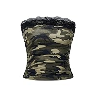 WDIRARA Women's Camo Print Contrast Lace Trim Bandeau Tops Strapless Sleeveless Ruched Side Casual Summer Tube