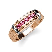 Round Pink Tourmaline 5 Stone Men Wedding Ring 3/8 ctw in 14K Gold