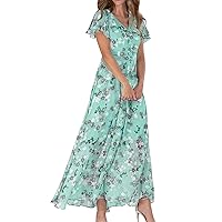 Women's 2024 Summer Dresses Floral Boho Dress Wrap V Neck Short Sleeve Belted Ruffle Hem A-Line Flowy Maxi Dresses