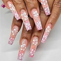 Foccna Pink Press on Nails Long,Flower Fake Nails Square Bling Glossy Rhinestone False Nail Tips Artificial Nails for Women and Girls-24pcs