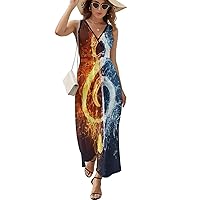 Fire Water Music Note Women's Dress V Neck Sleeveless Dress Summer Casual Sundress Loose Maxi Dresses for Beach