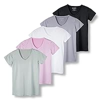 5 Pack: Womens V Neck T-Shirt Ladies Yoga Top Athletic Tees Active Wear Gym Workout Zumba Exercise Running Essentials Quick Dry Fit Dri Fit Moisture Wicking Basic Clothes - Set 9,L