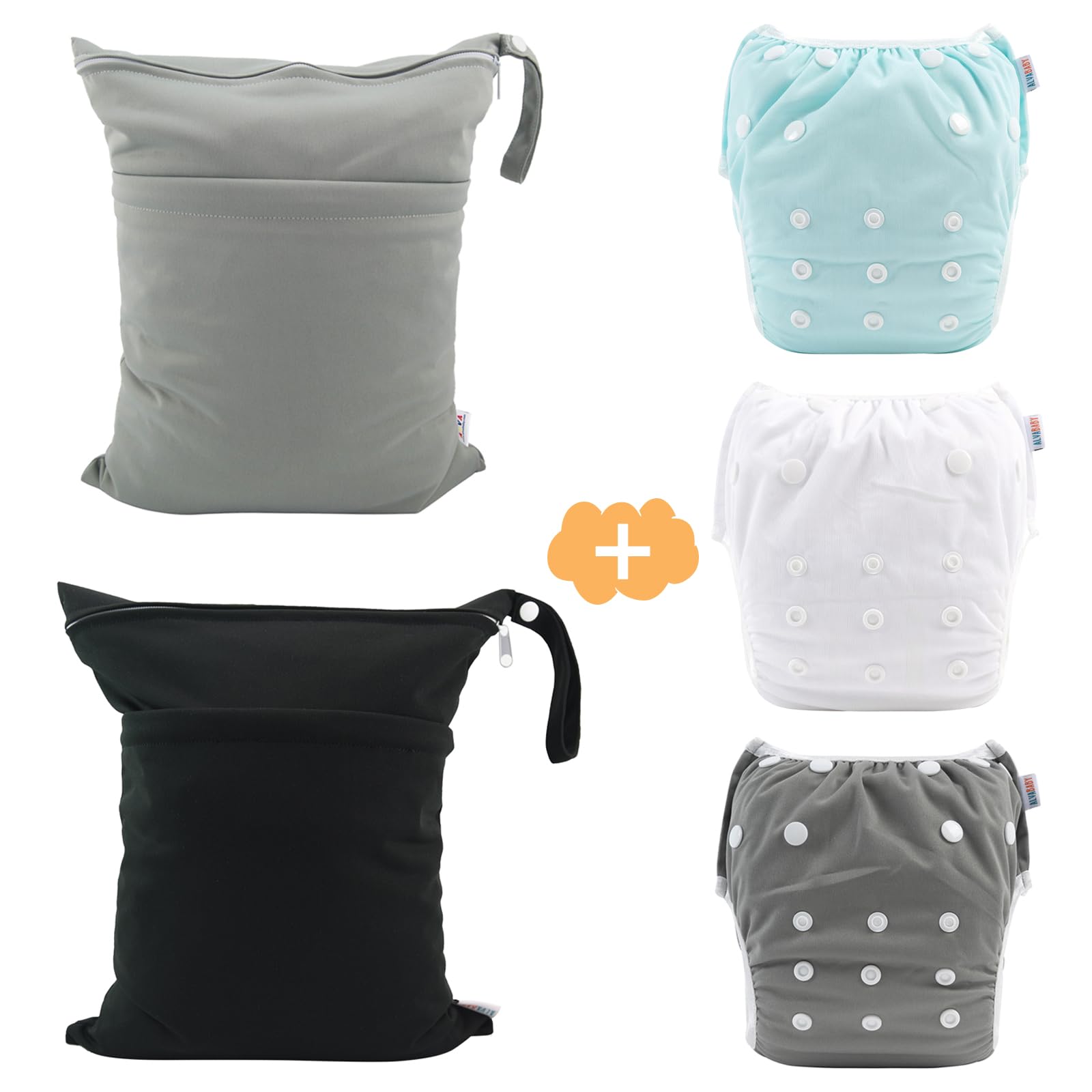 ALVABABY 3pcs Baby Swim Diapers with 2pcs Cloth Diaper Wet Dry Bags