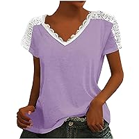 Womens Lace V Neck T Shirts 2024 Fashion Solid Color Short Sleeve Tops Summer Dressy Casual Blouses Loose Comfy Lightweight