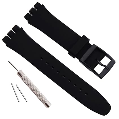 GreenOlive Replacement Waterproof Silicone Rubber Watch Strap Watch Band for Swatch (17mm 19mm 20mm) (17mm, Black)