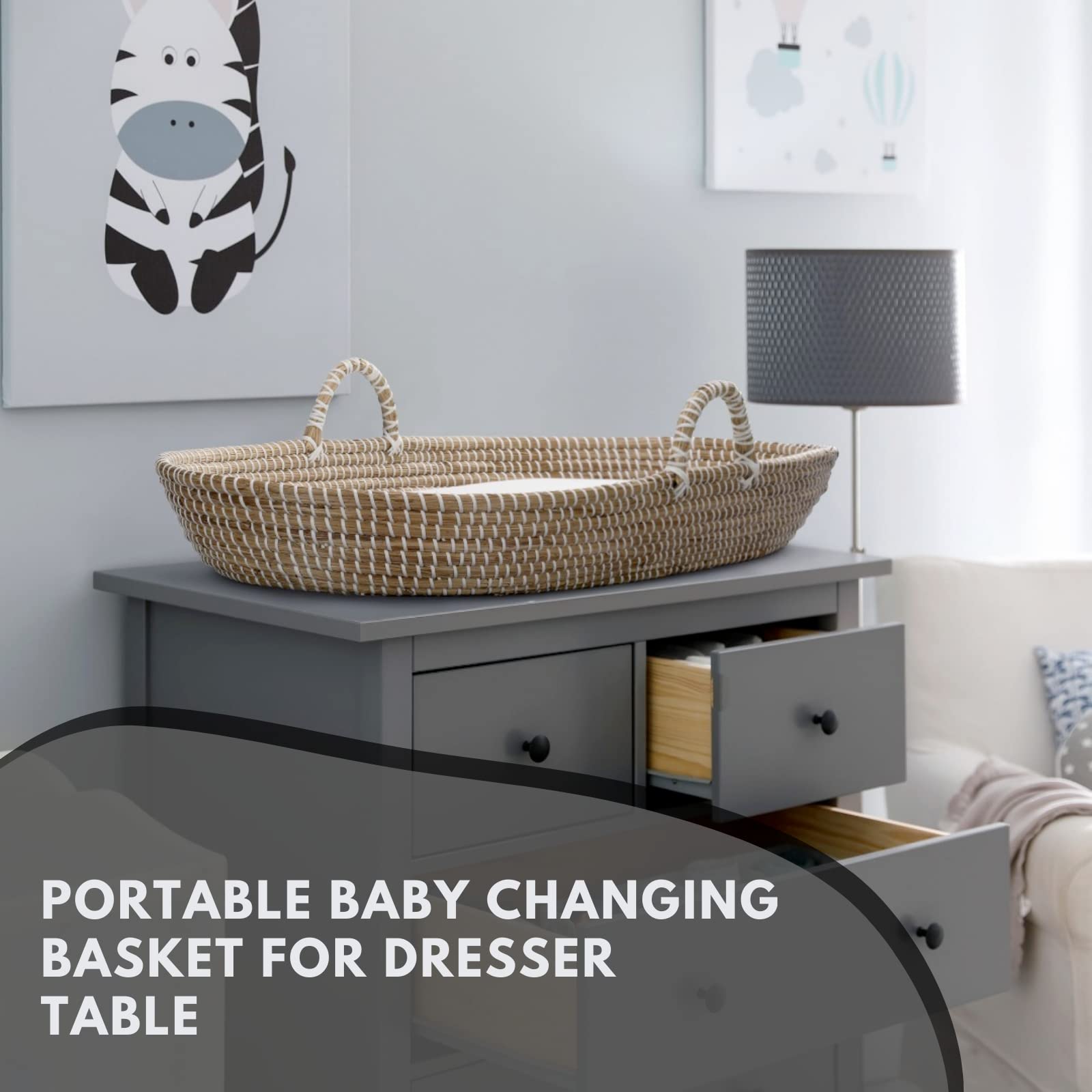 Baby Changing Basket with Pad - Seagrass Handwoven Moses Changing Basket for Babies with Waterproof Pad for Dresser Table - Baby Diaper Changing Basket with Thick Pad Changing Table Topper for dresser